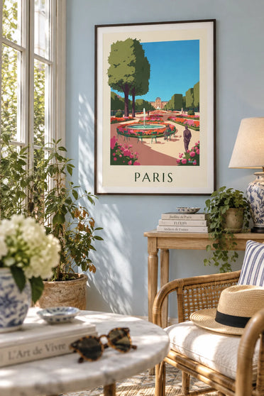 Affiche jardin des Tuileries en fleurs et le Louvre : encadrée au mur