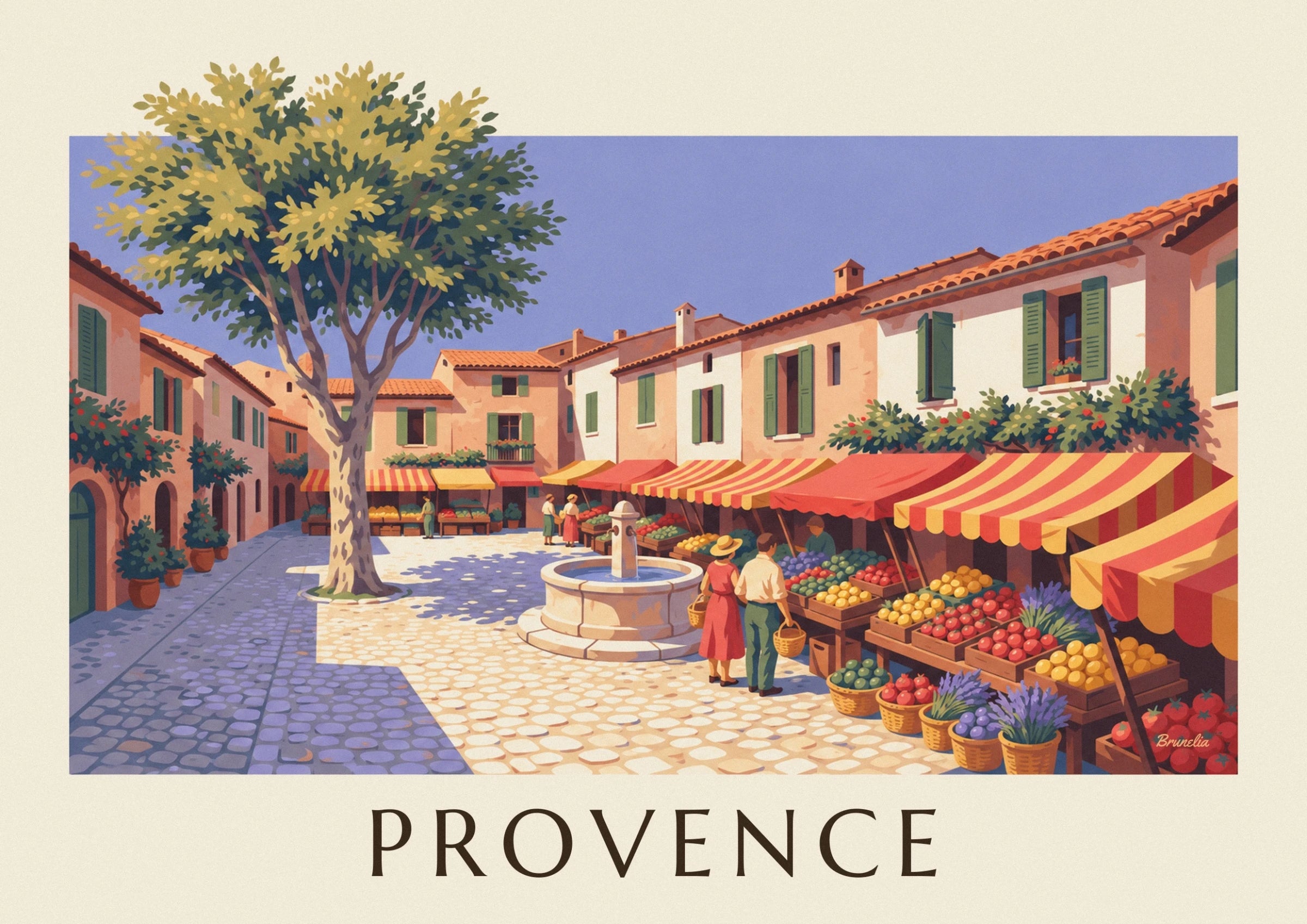 Le couple aux paniers devant les étals de fruits, près de la fontaine du marché