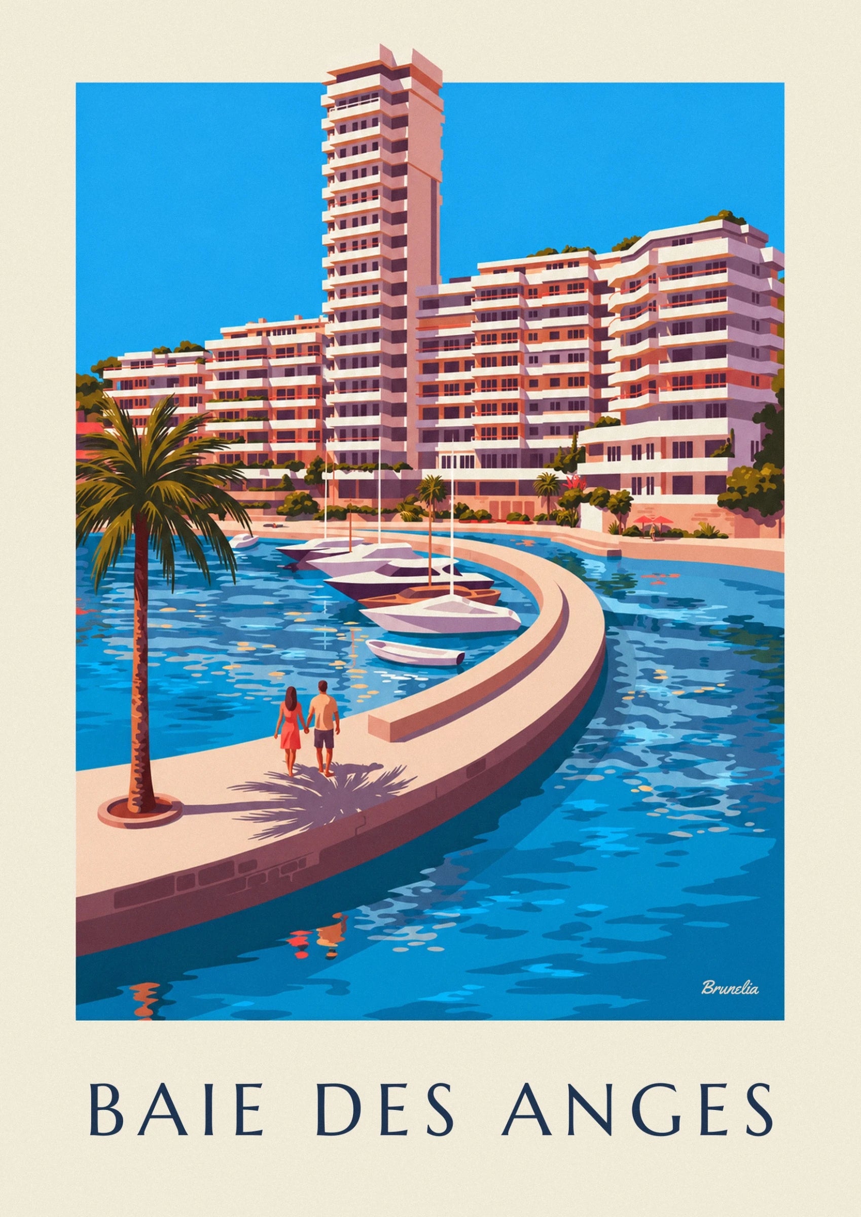 Stepped façades with white balconies, between palm trees and red parasols