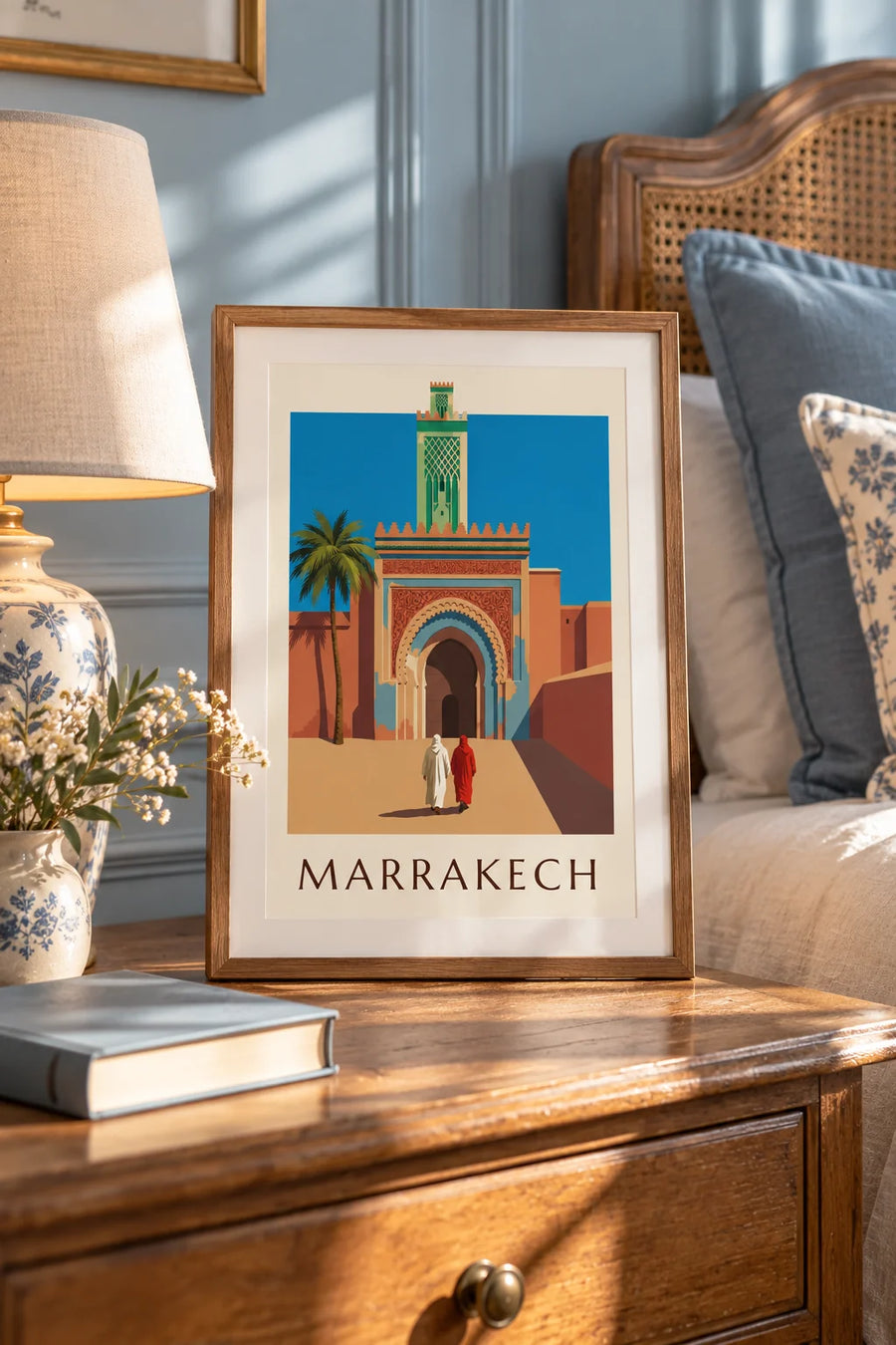 Affiche porte Bab Agnaou et minaret à Marrakech : petit format A4 encadré