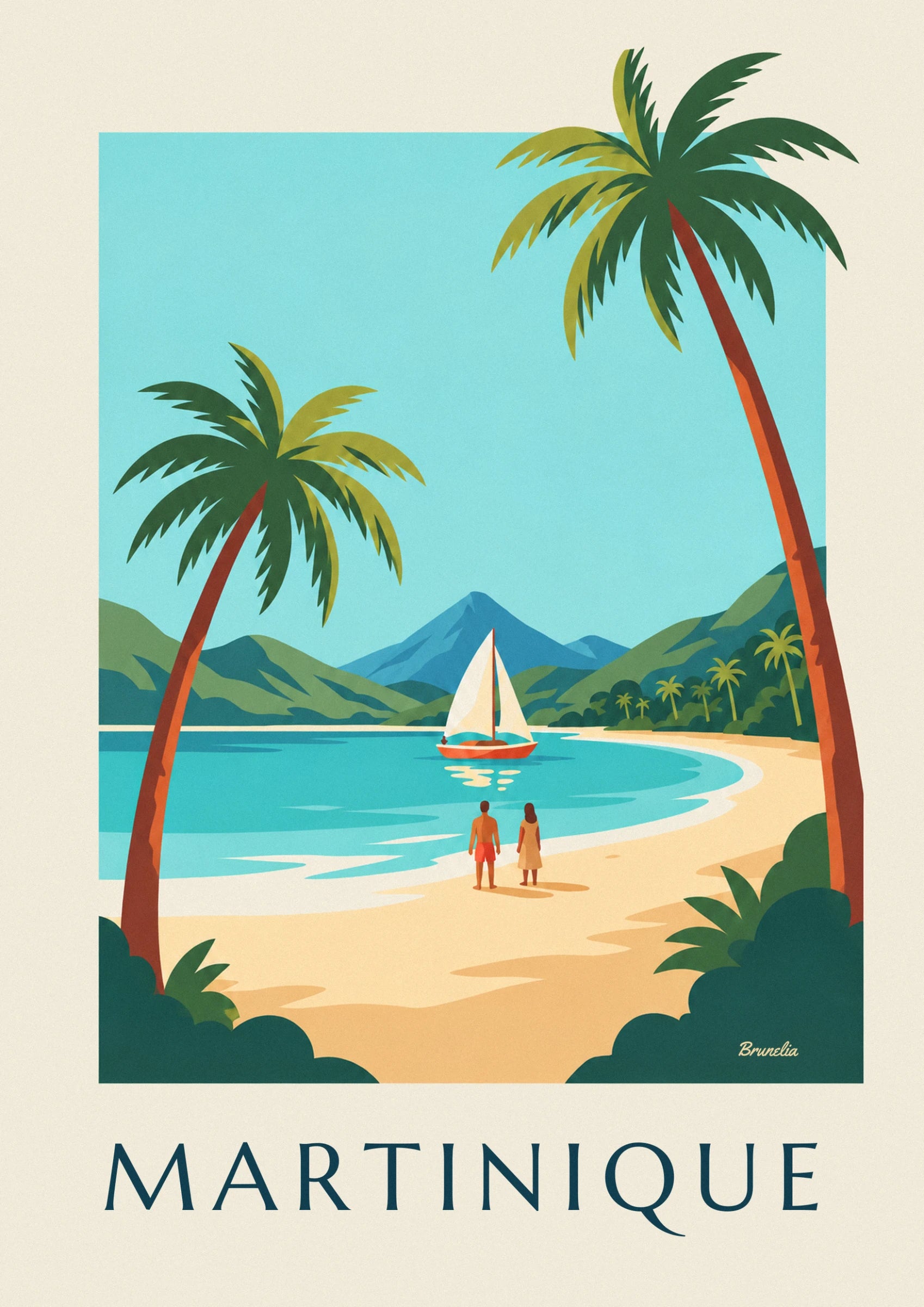 Le voilier à coque orange dans l'anse, et le couple sur la plage face à la montagne