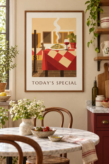 Affiche table de terrasse avec spaghettis et verre de vin rouge : encadrée au mur