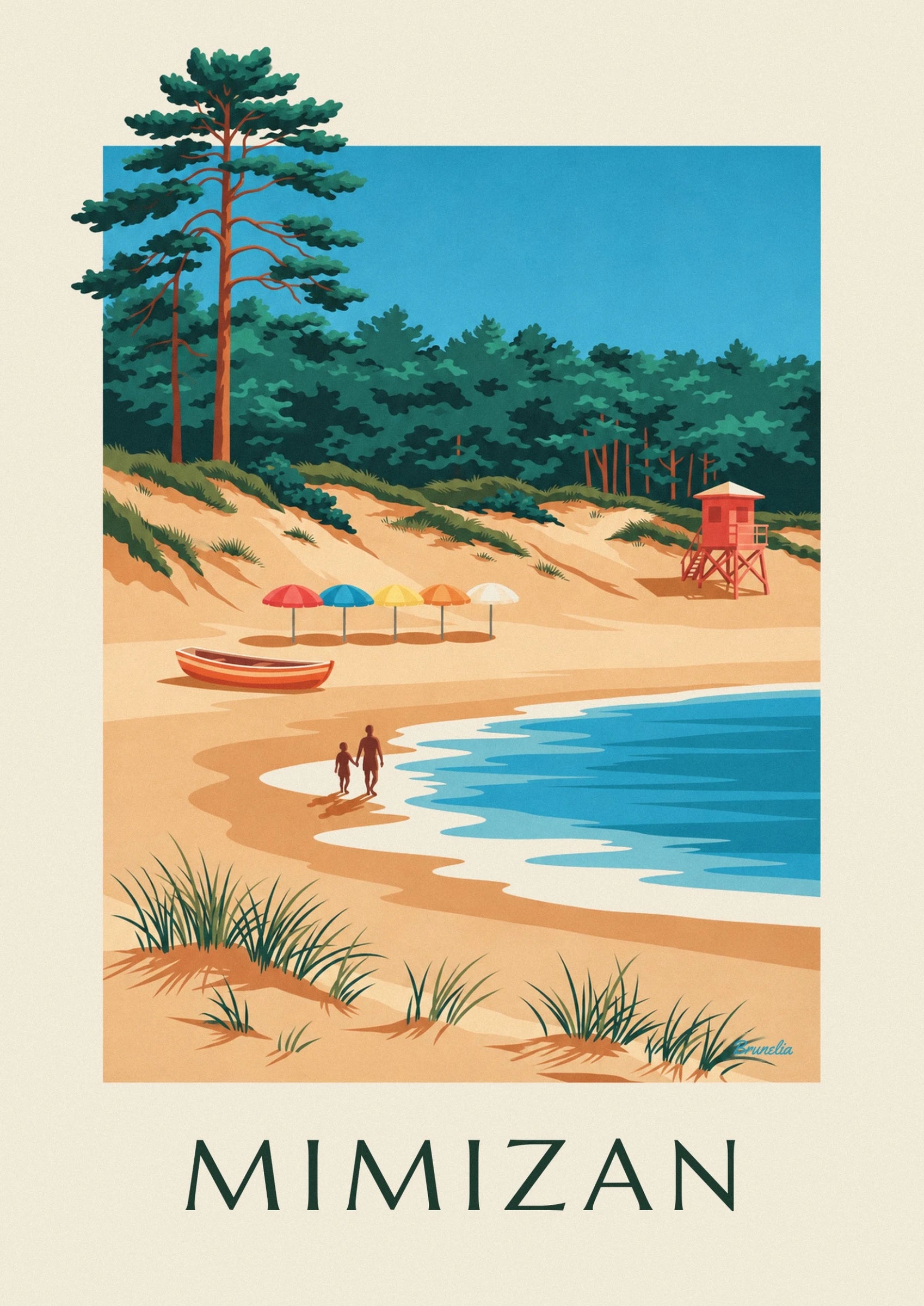 Les 4 parasols colorés, la barque et les 2 silhouettes au bord de l’eau à Mimizan