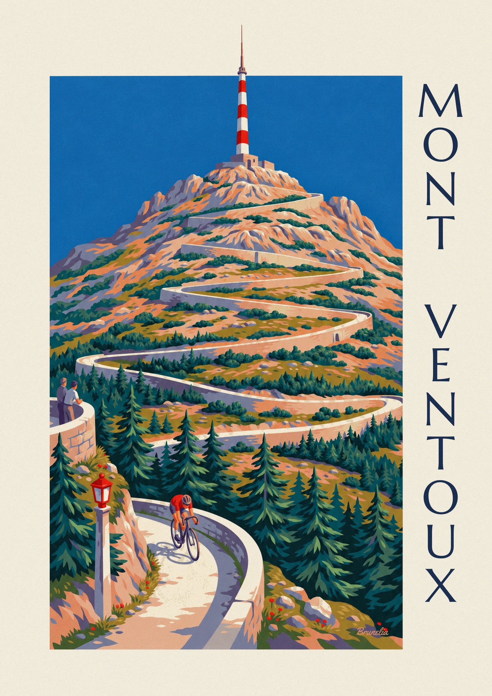 The cyclist in a red jersey leaning over his bicycle on a bend lined with fir trees