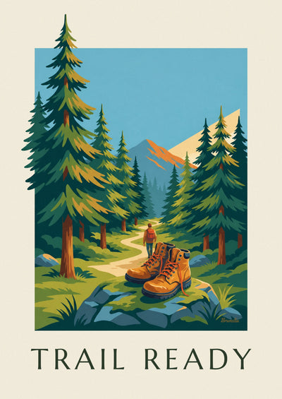 Poster Wanderschuhe auf einem Waldweg in den Bergen: das ganze Poster
