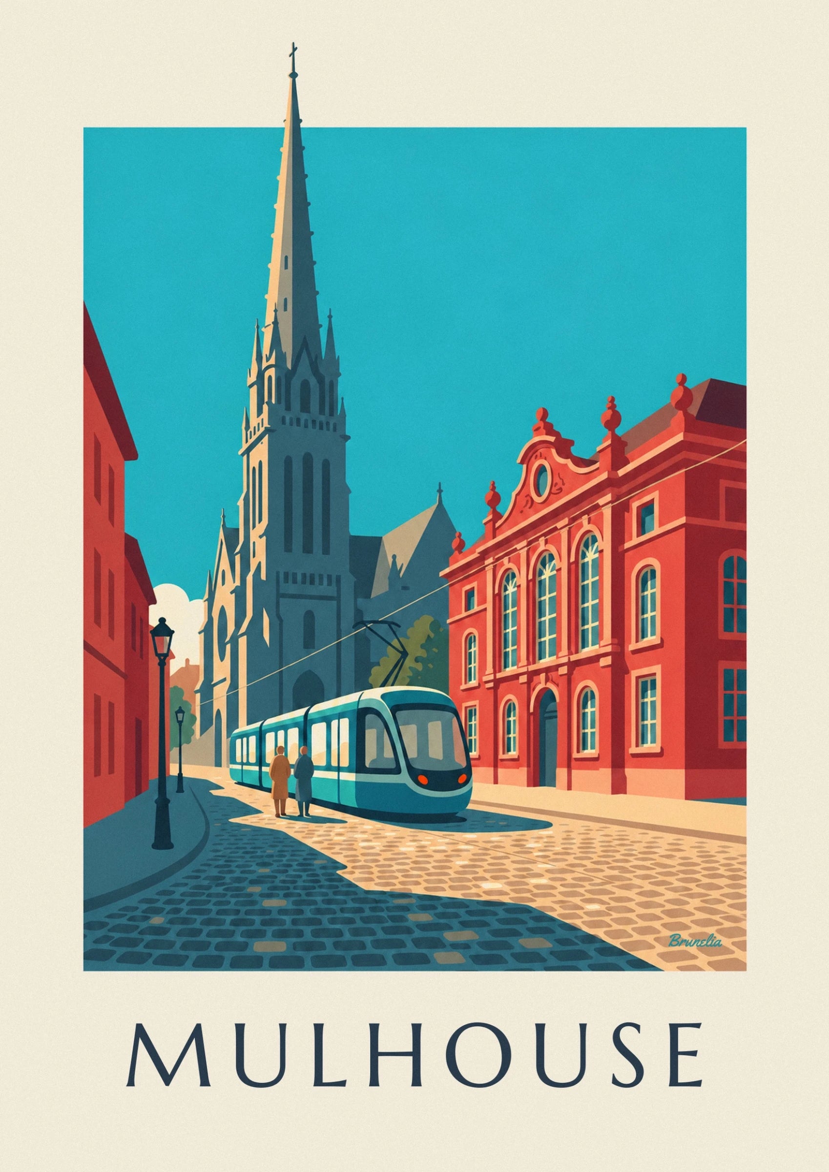 The turquoise tram and 2 passers-by in coats on the cobbled square in Mulhouse