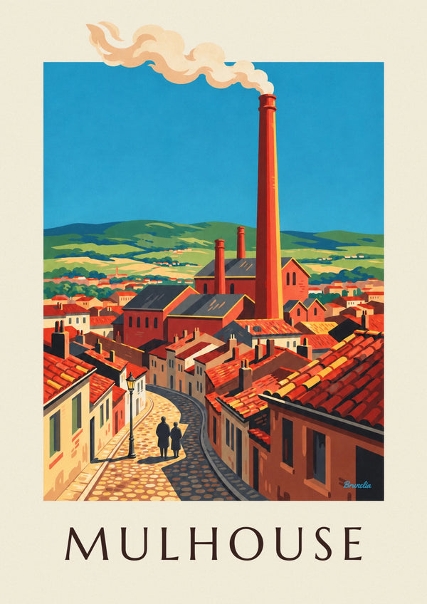 Affiche Mulhouse cité industrielle et cheminées d'usine