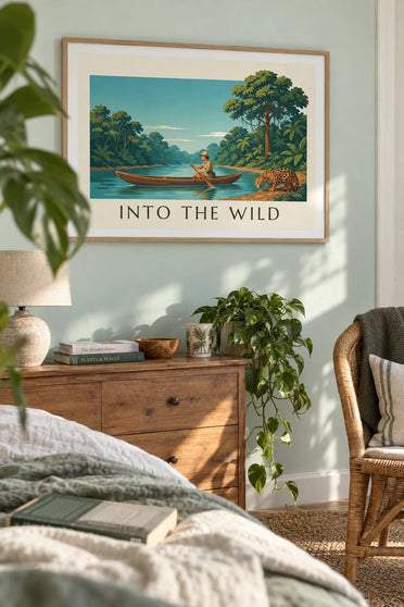Poster Forscherin im Einbaum und Jaguar im Amazonas: gerahmt an der Wand