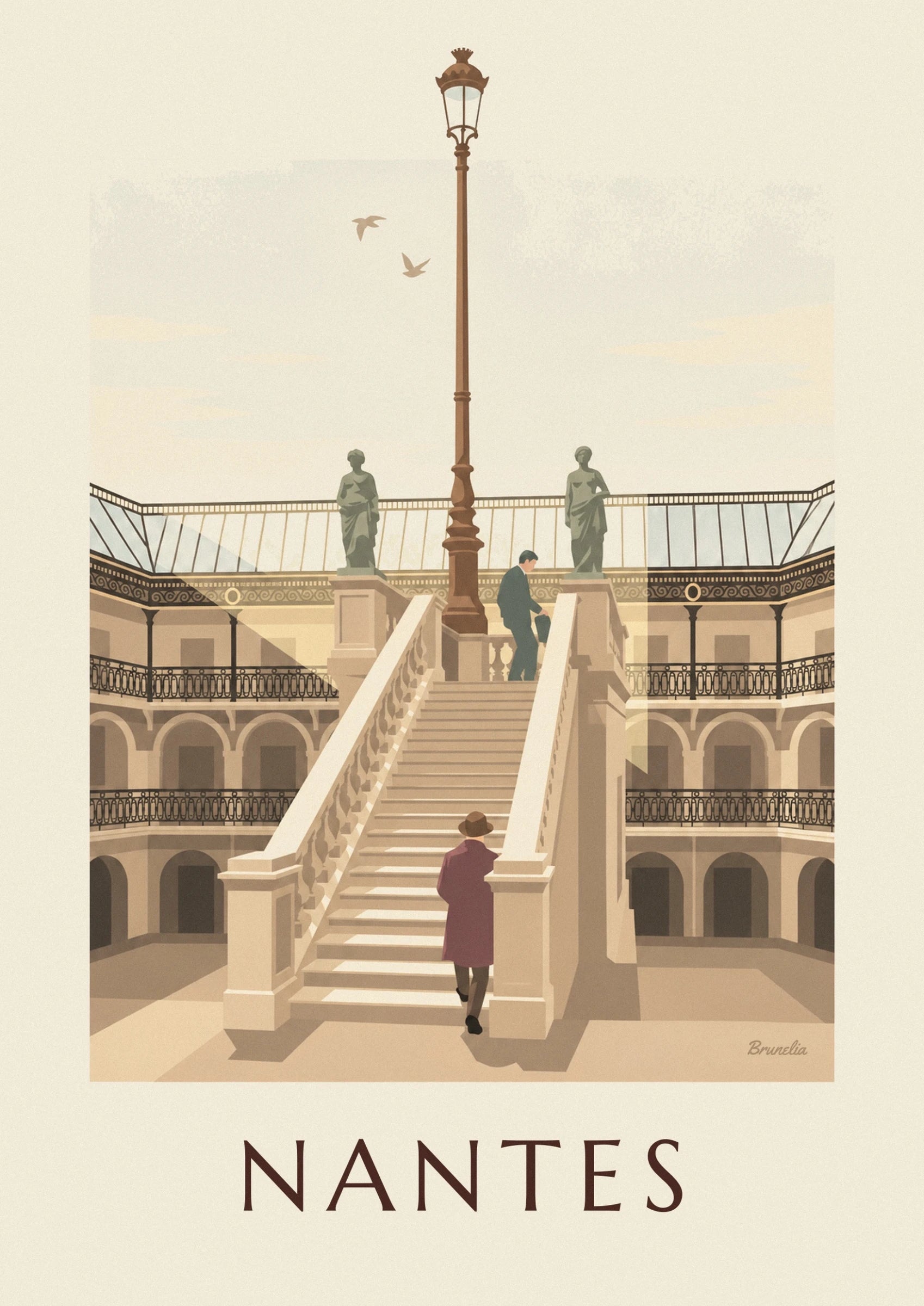Walker in a burgundy coat and brown hat, seen from behind on the grand staircase