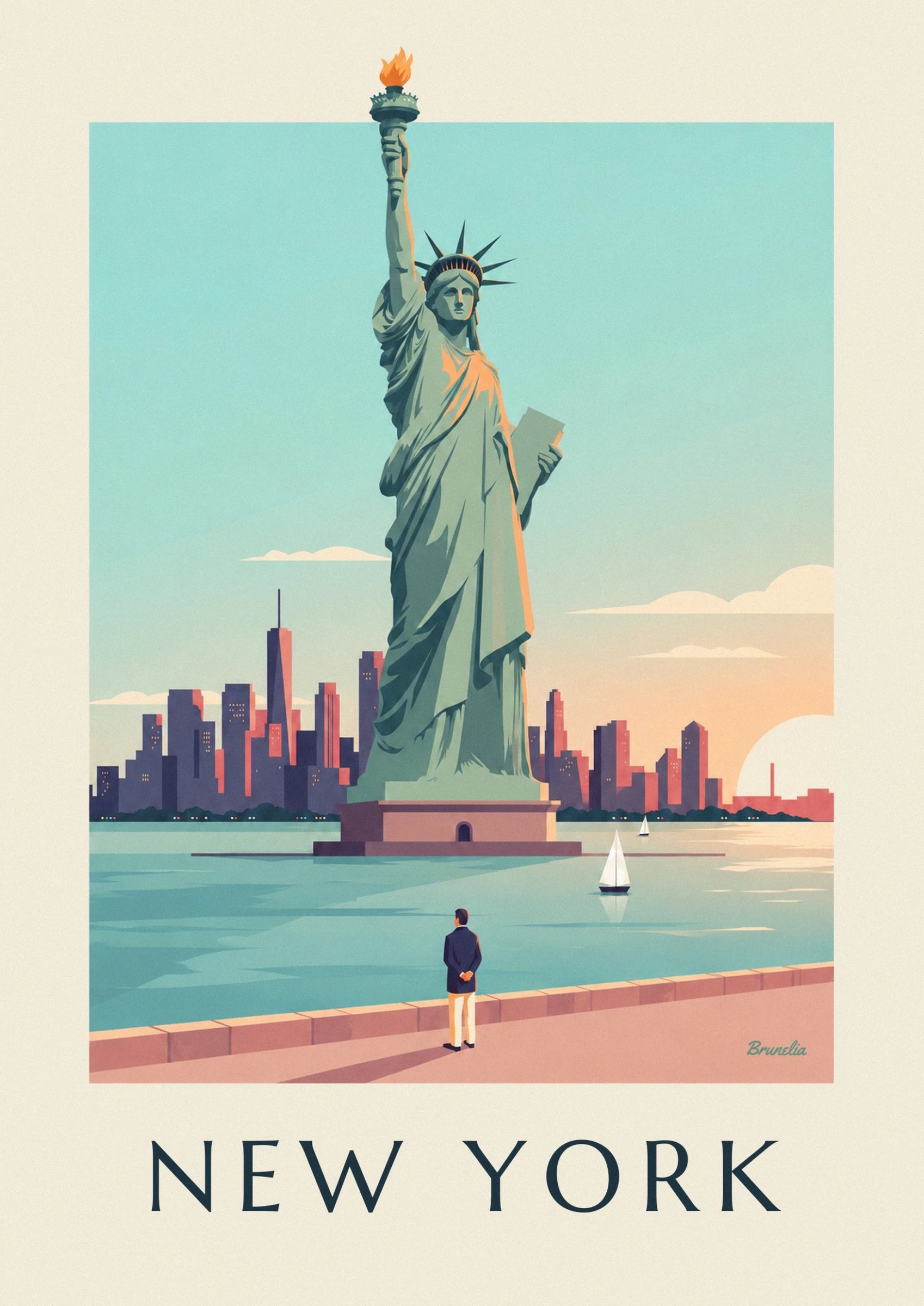 The crowned Statue of Liberty, holding her tablet and wearing a copper-green robe