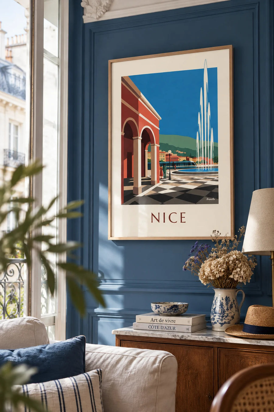 Poster of Place Masséna and its red façades in Nice: framed on the wall