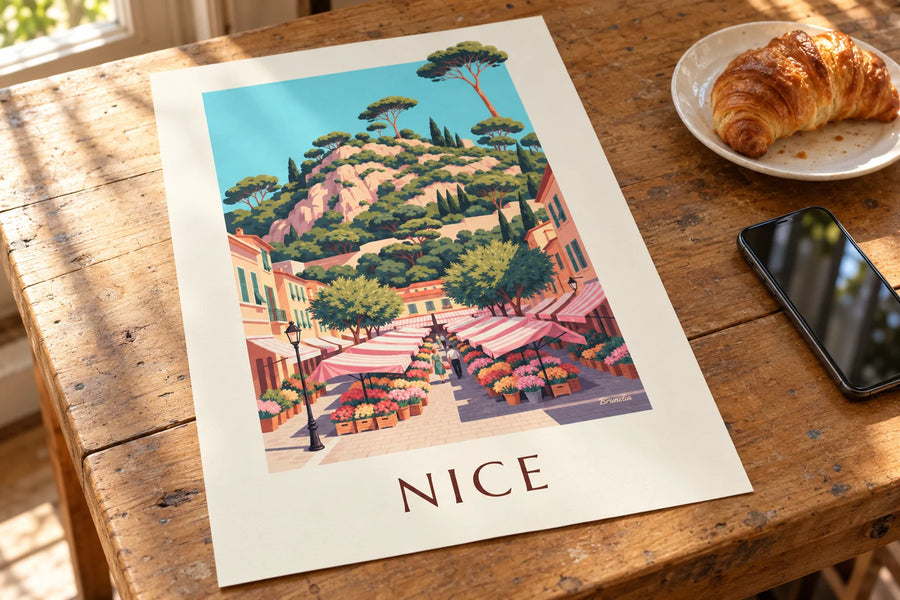 Poster Blumenmarkt am Cours Saleya in Nizza: auf einem Tisch abgestellt