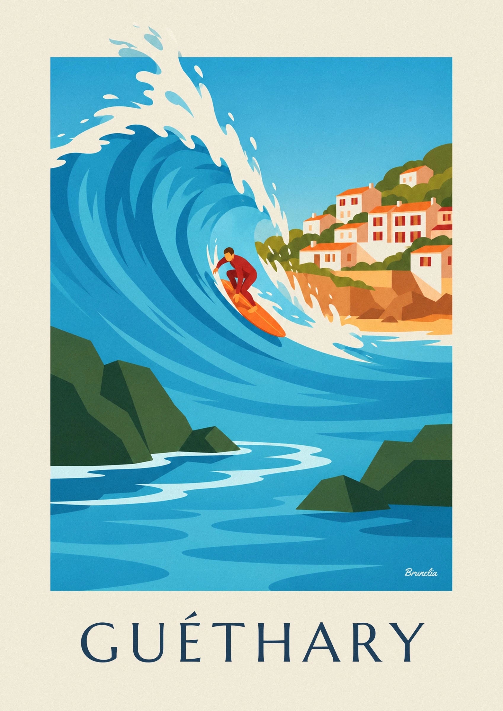 The surfer in a red wetsuit on an orange board in the hollow of the blue wave