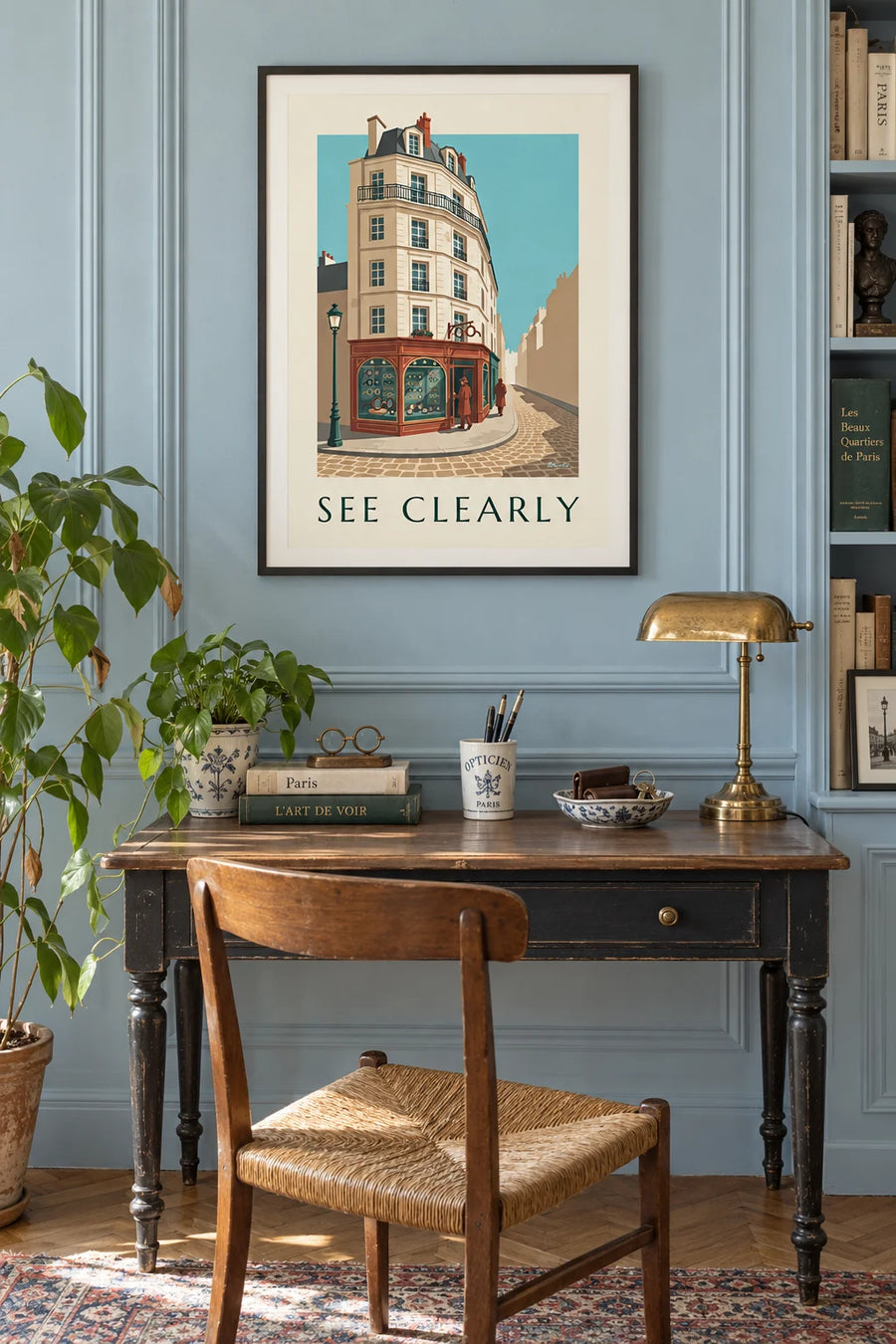 Poster of an eyeglasses display case from a former ophthalmology office: framed on the wall