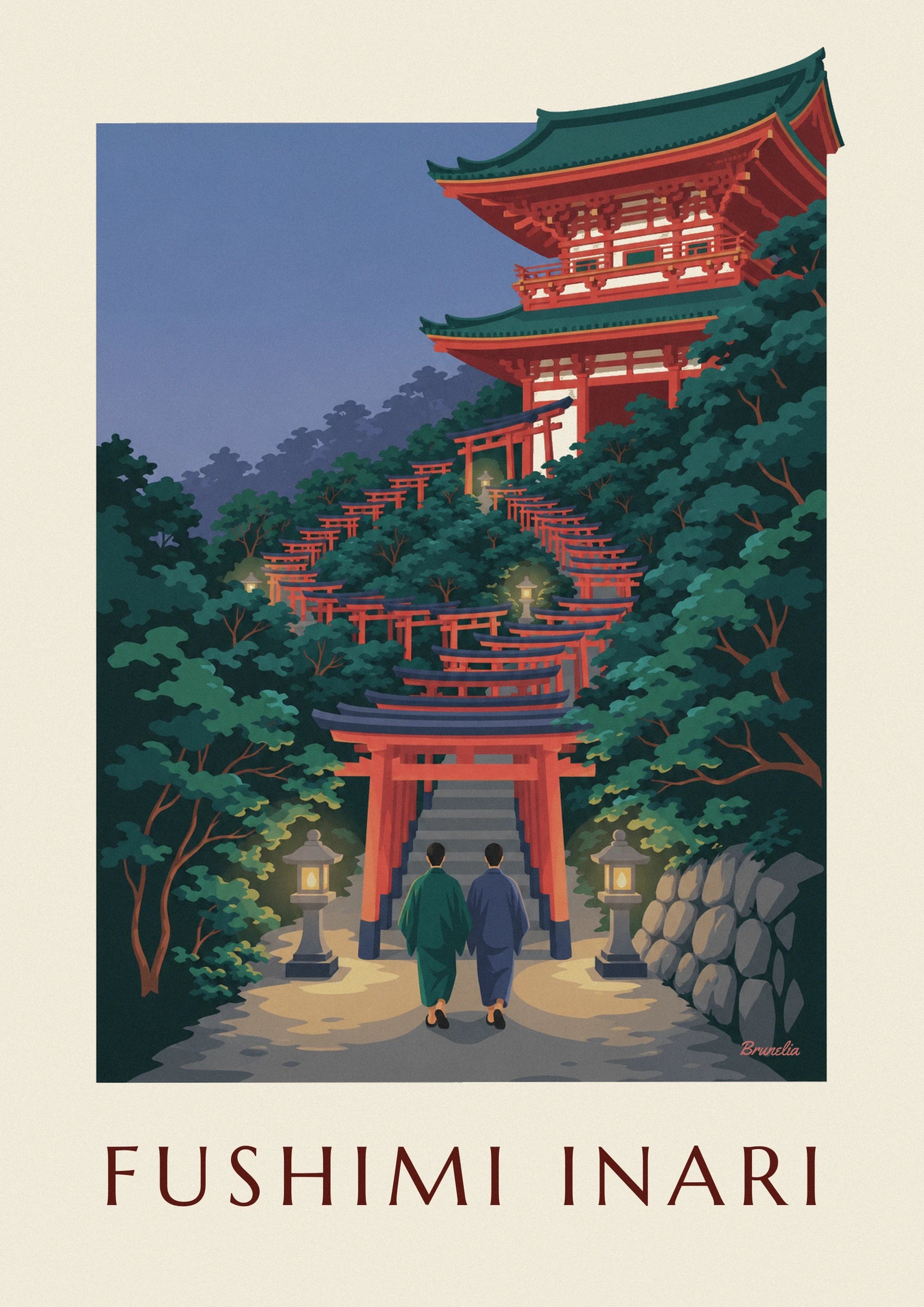 Le sanctuaire rouge et blanc aux toits verts, derrière les arbres de Kyoto