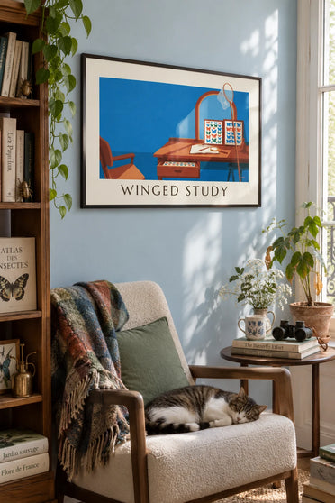Poster naturkundliche Schmetterlingstafel in einem Studierzimmer: gerahmt an der Wand