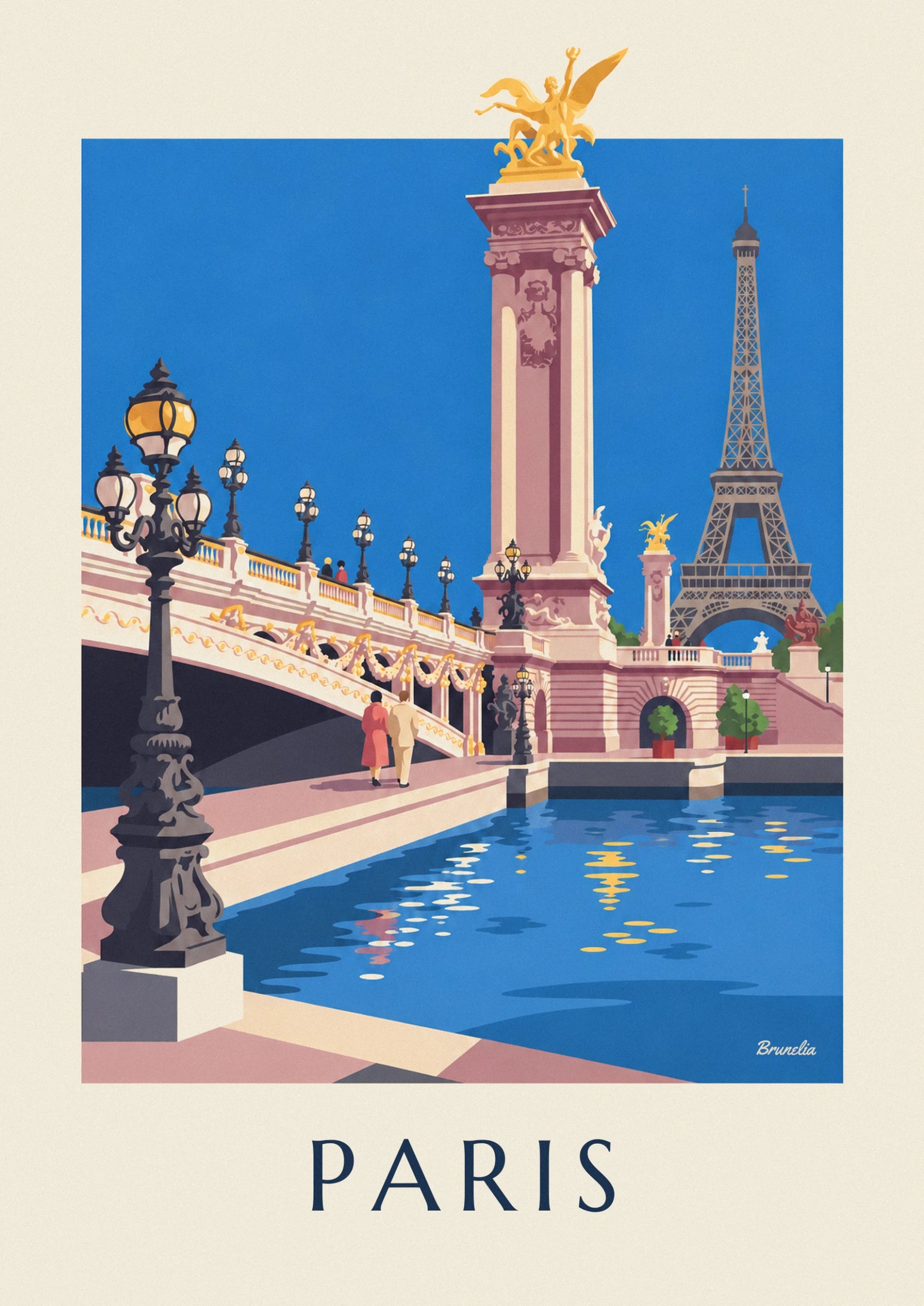Le pilier rose du pont, sa renommée dorée au sommet et un bout de tour Eiffel au fond
