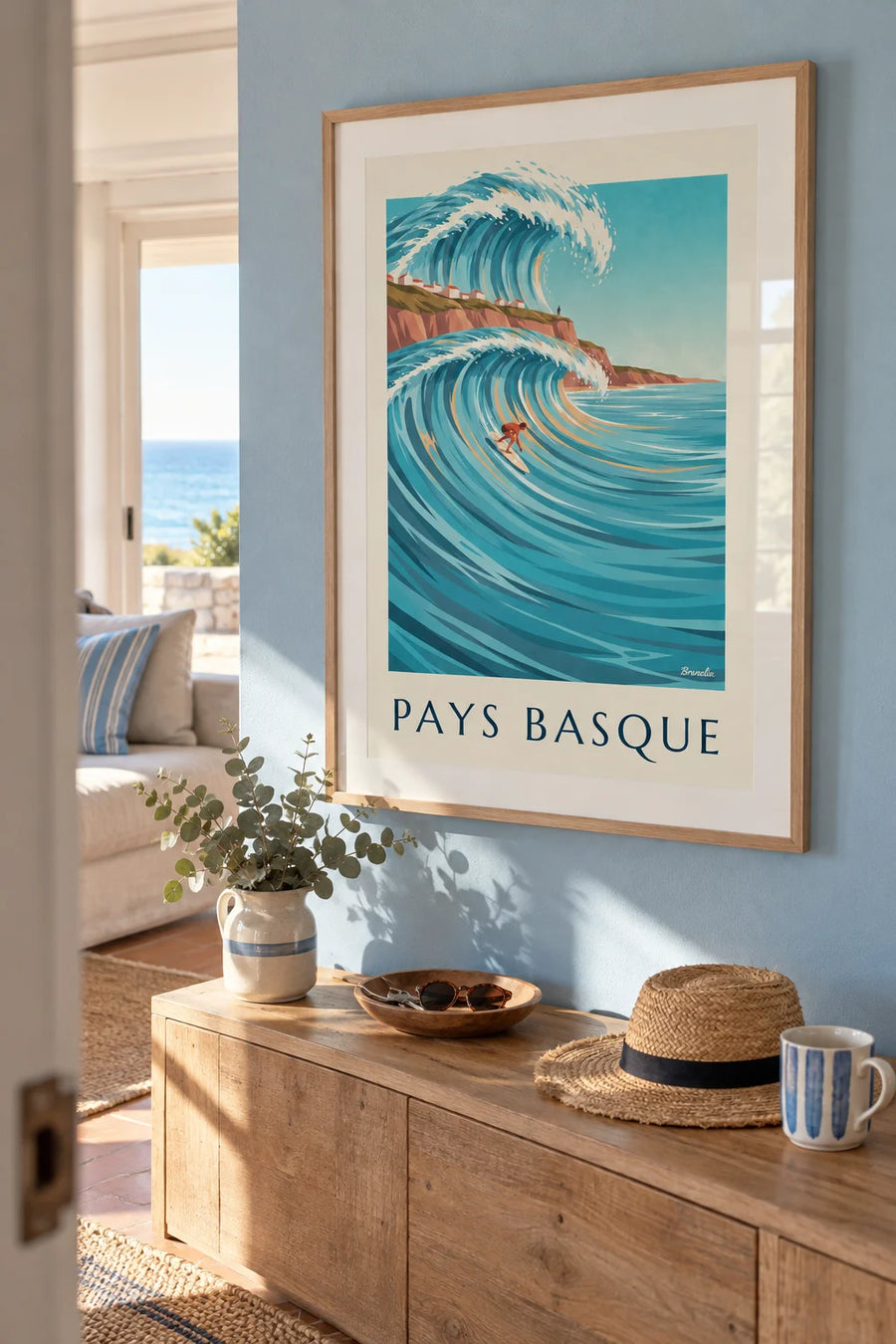Surfer at the foot of the Basque coast cliffs poster: framed on the wall