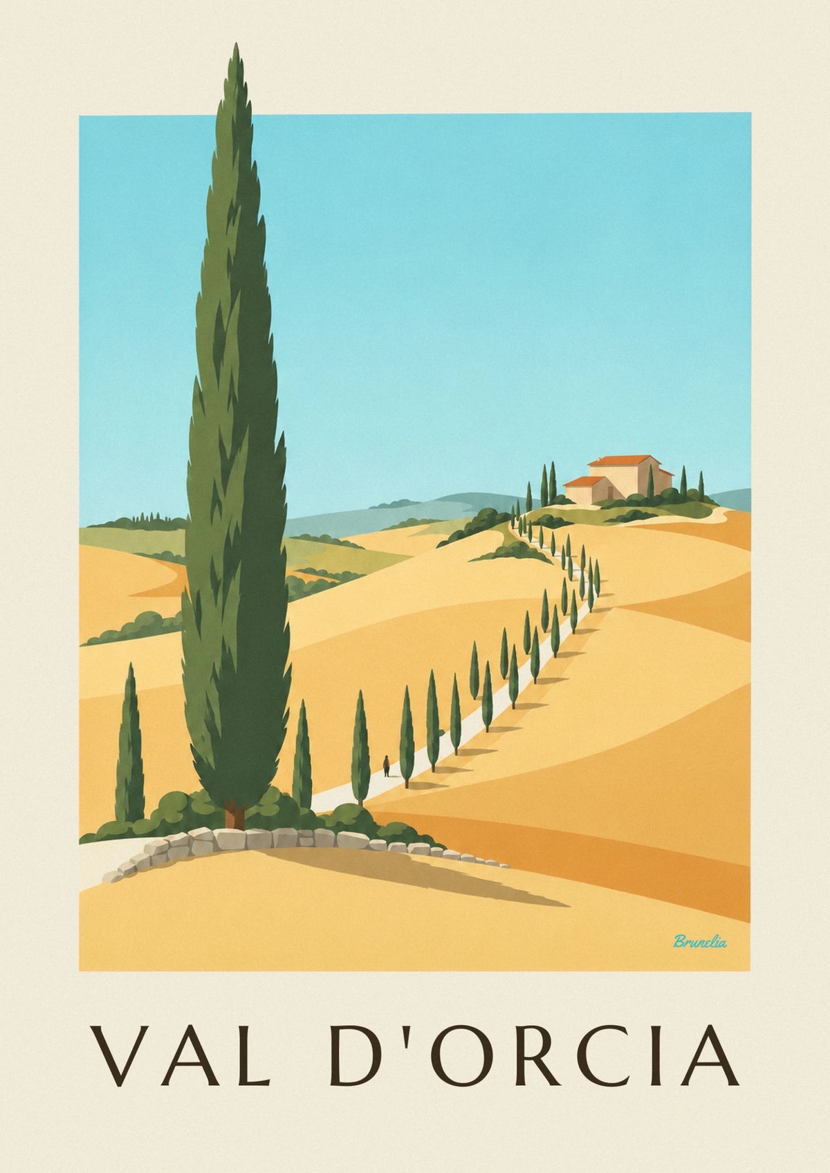 Affiche collines du val d'Orcia et cyprès en Toscane