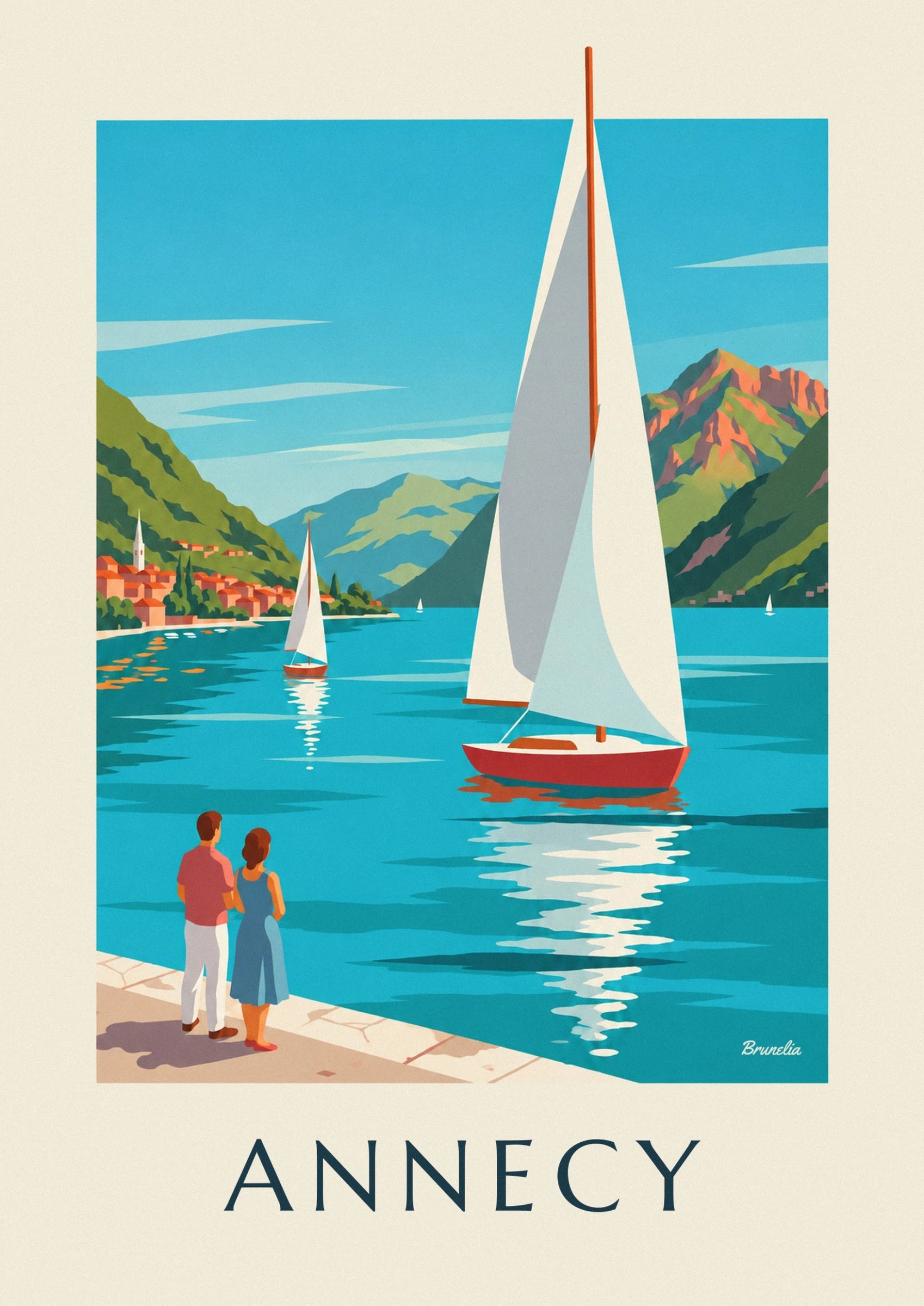 A sailing boat with a red hull and white sails on the turquoise waters of lac d'Annecy
