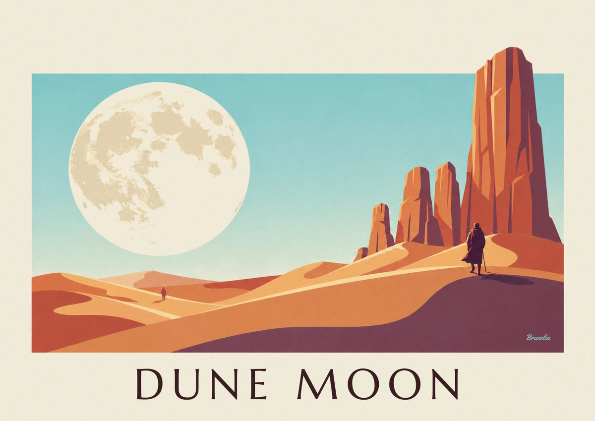 Affiche désert de science-fiction sous une lune géante