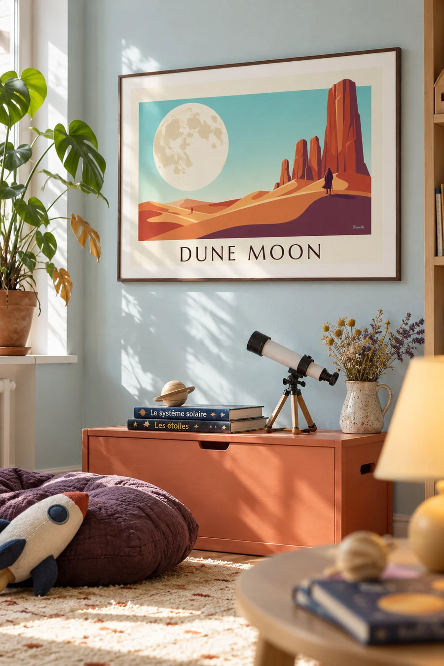 Affiche désert de science-fiction sous une lune géante : encadrée au mur