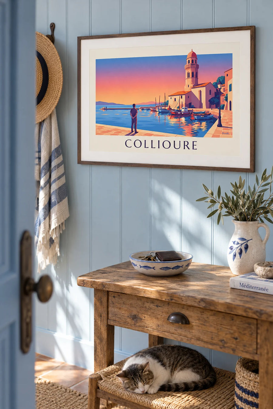 Poster of the Collioure bell tower at sunset: framed on the wall
