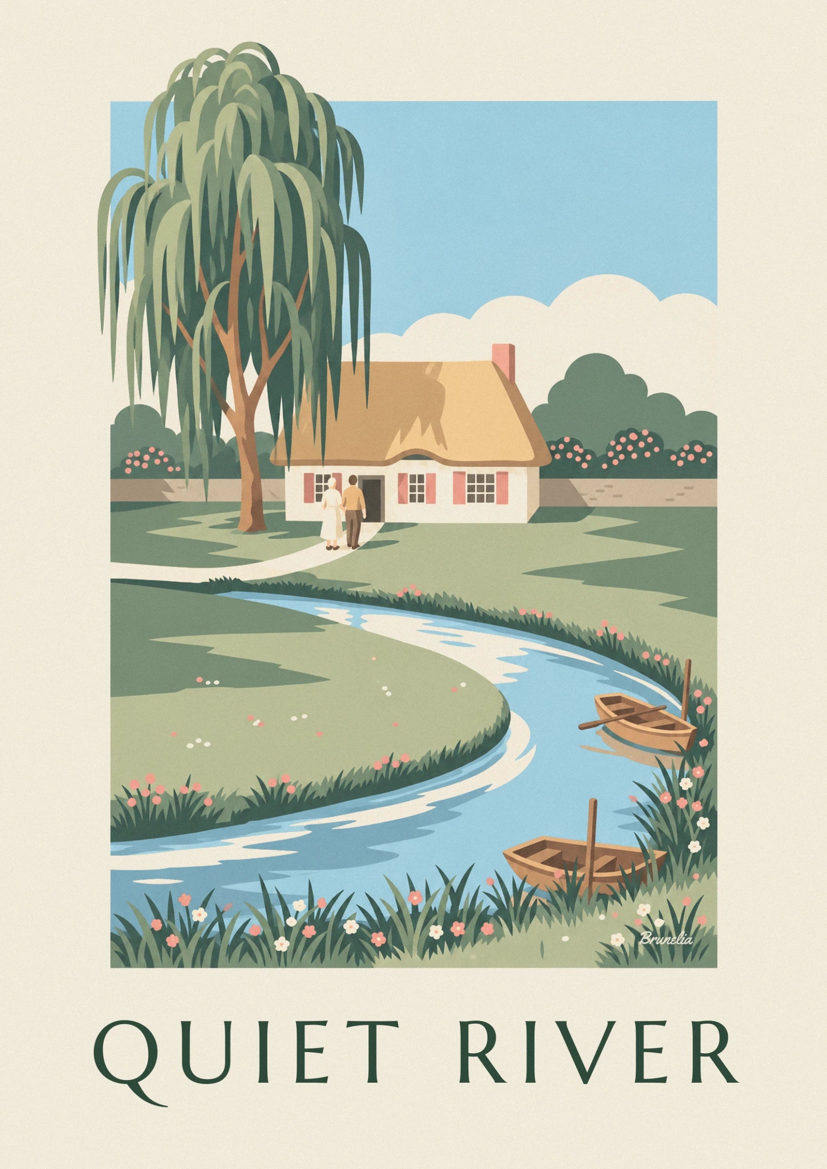 The couple at the door of the thatched cottage with pink shutters