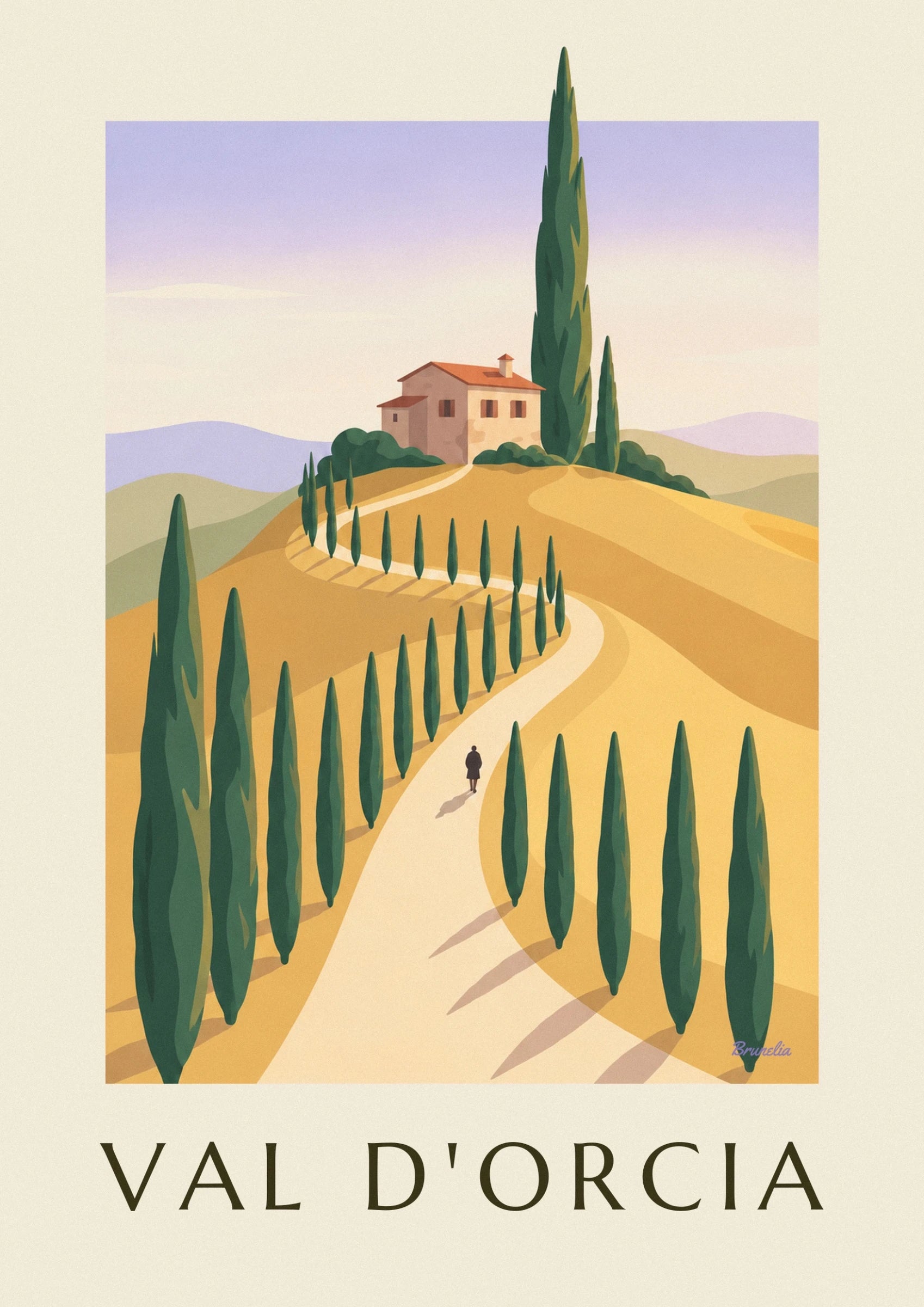 An ochre house with a red tiled roof surrounded by cypress trees and golden hills