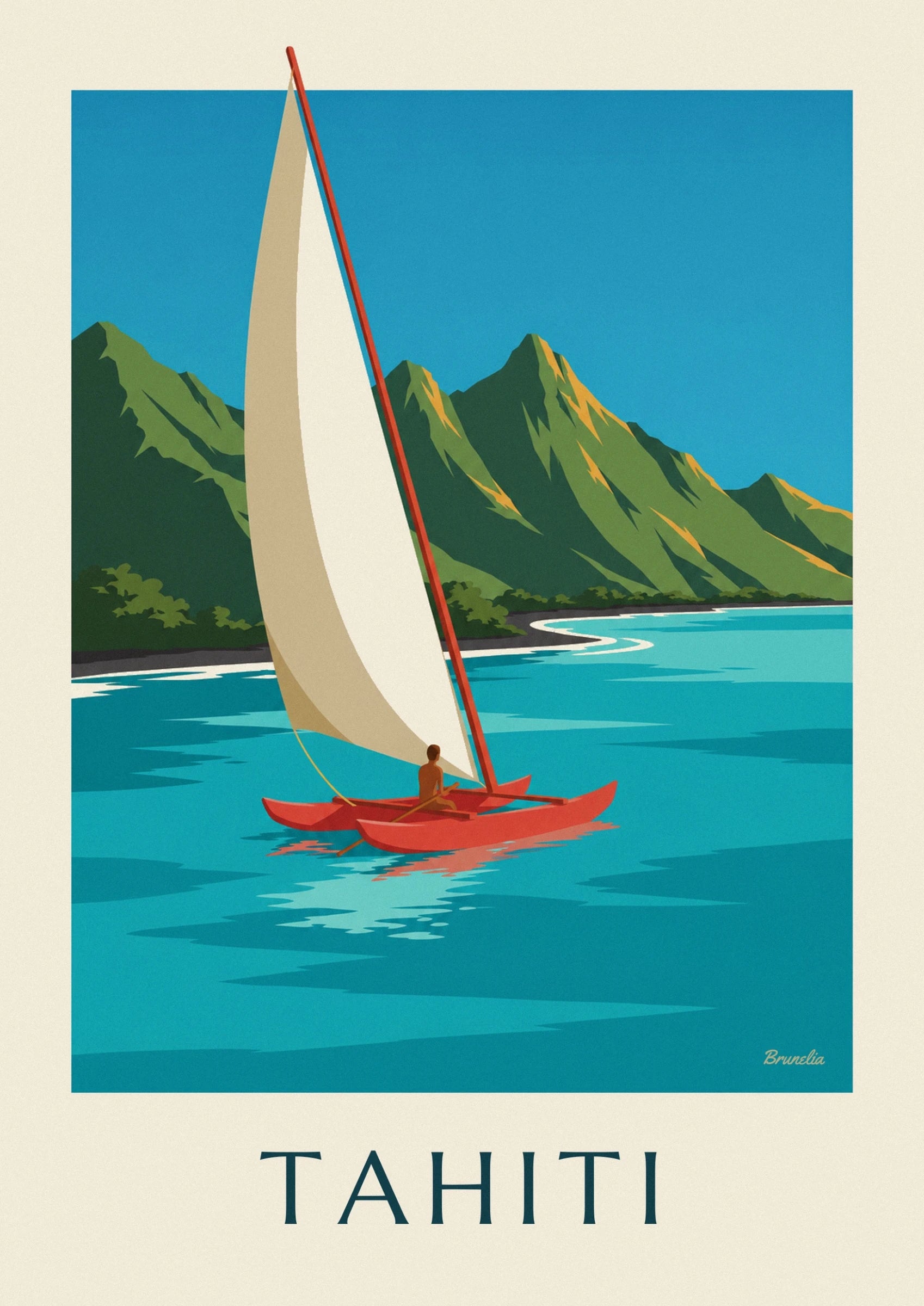 Das große cremefarbene Segel und sein roter Mast vor den grünen Bergen Tahitis