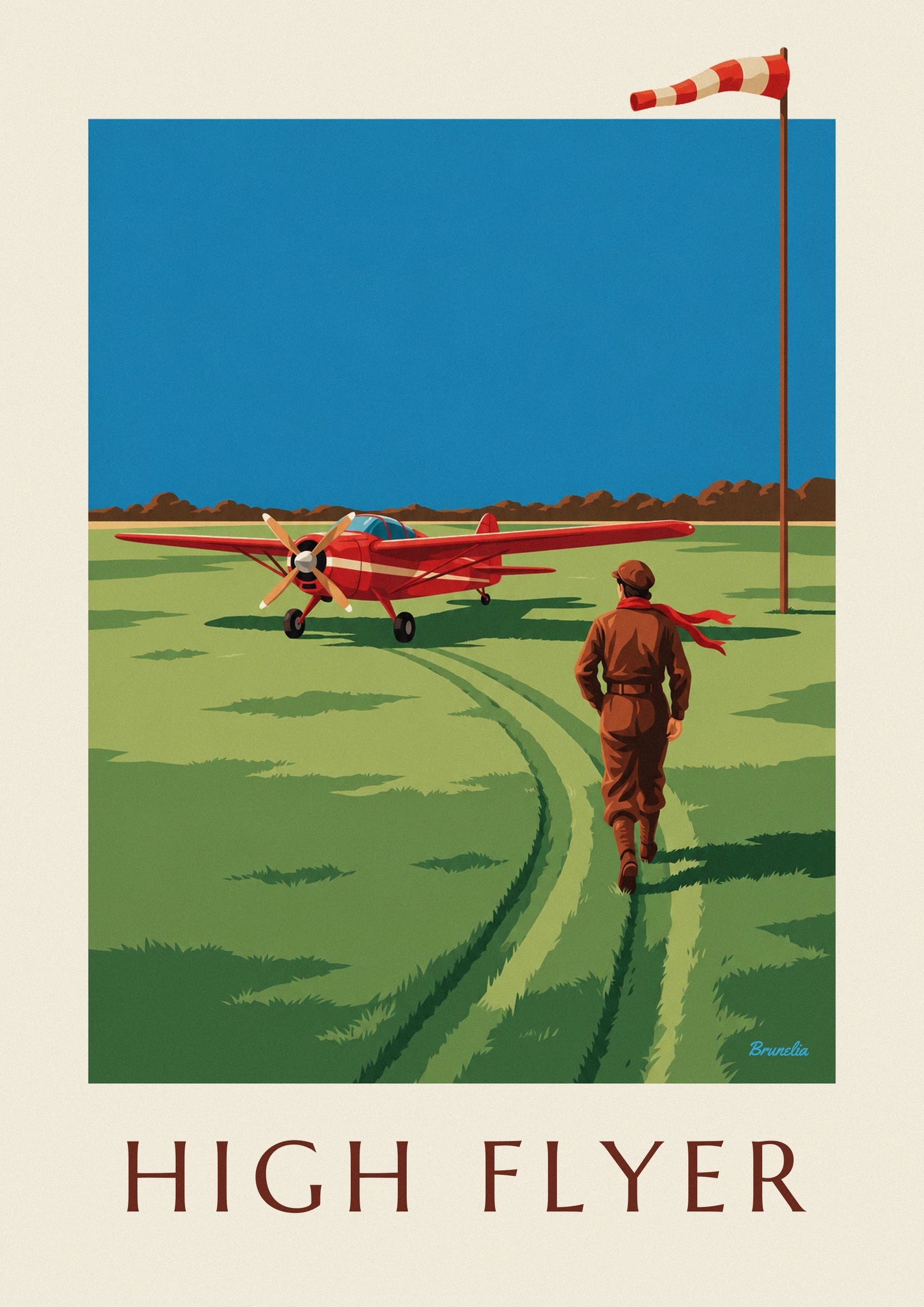 Poster Pilotin und rotes Propellerflugzeug auf einer Graspiste: Detail in Nahaufnahme