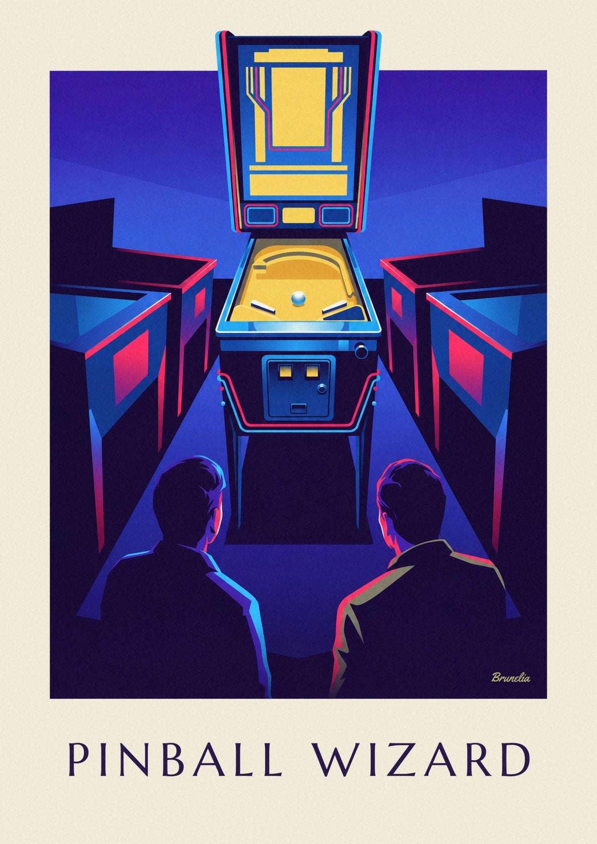 Affiche flipper illuminé de néons dans une salle d’arcade
