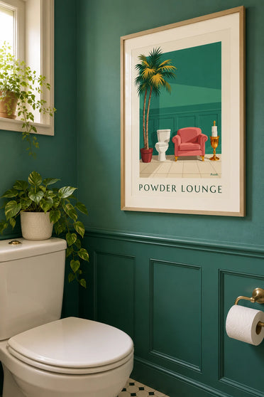 Lustiges Poster mit Toilette im Lounge-Stil und Toilettenpapier: gerahmt an der Wand