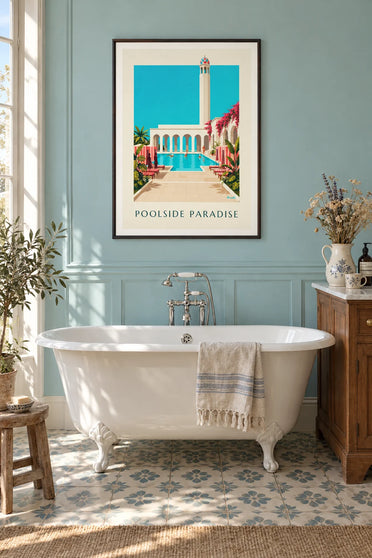 Affiche piscine élégante et végétation exotique : encadrée au mur