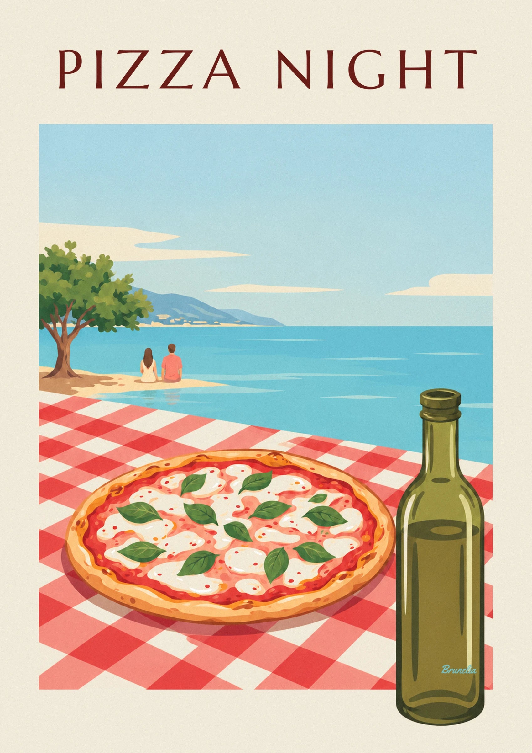 La pizza mozzarella et basilic sur la nappe à carreaux rouges, face à un couple assis au bord de l'eau