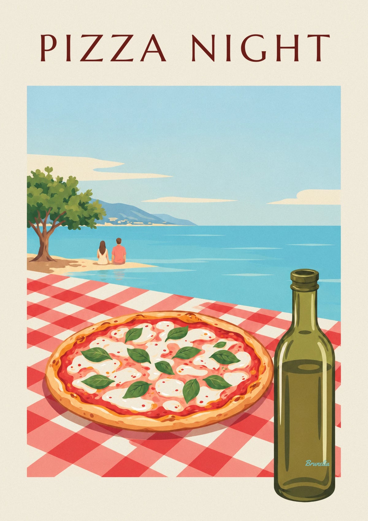 Affiche pizza mozzarella et basilic sur nappe à carreaux