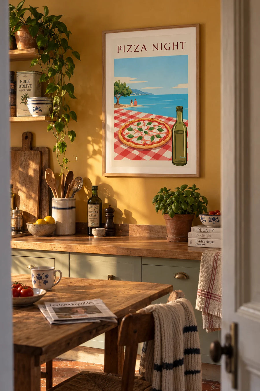 Affiche pizza mozzarella et basilic sur nappe à carreaux : encadrée au mur