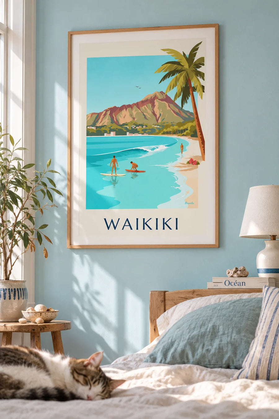 Poster of surfers in Waikiki Bay at the foot of Diamond Head: framed on the wall