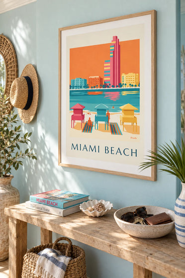Poster of colorful lifeguard stands on Miami Beach: framed on the wall
