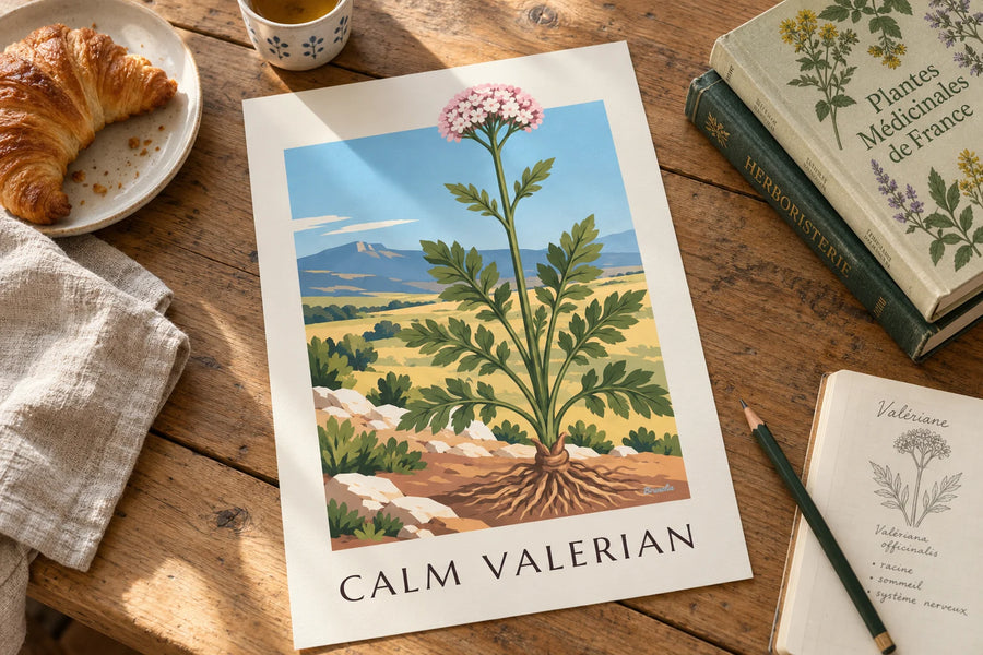 Poster Echter Baldrian, Heilpflanze: auf einem Tisch