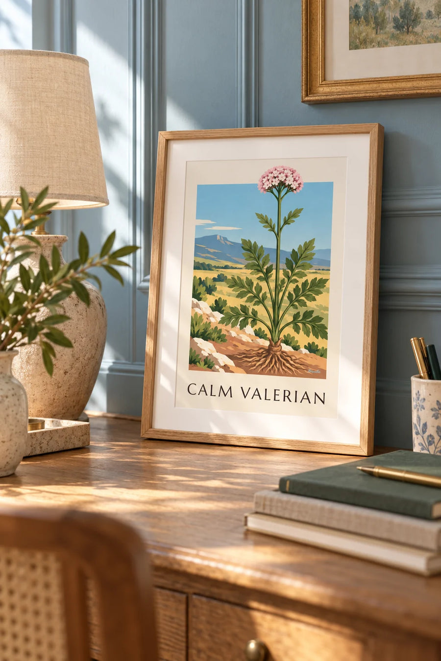 Poster Echter Baldrian, Heilpflanze: kleines Format A4 gerahmt
