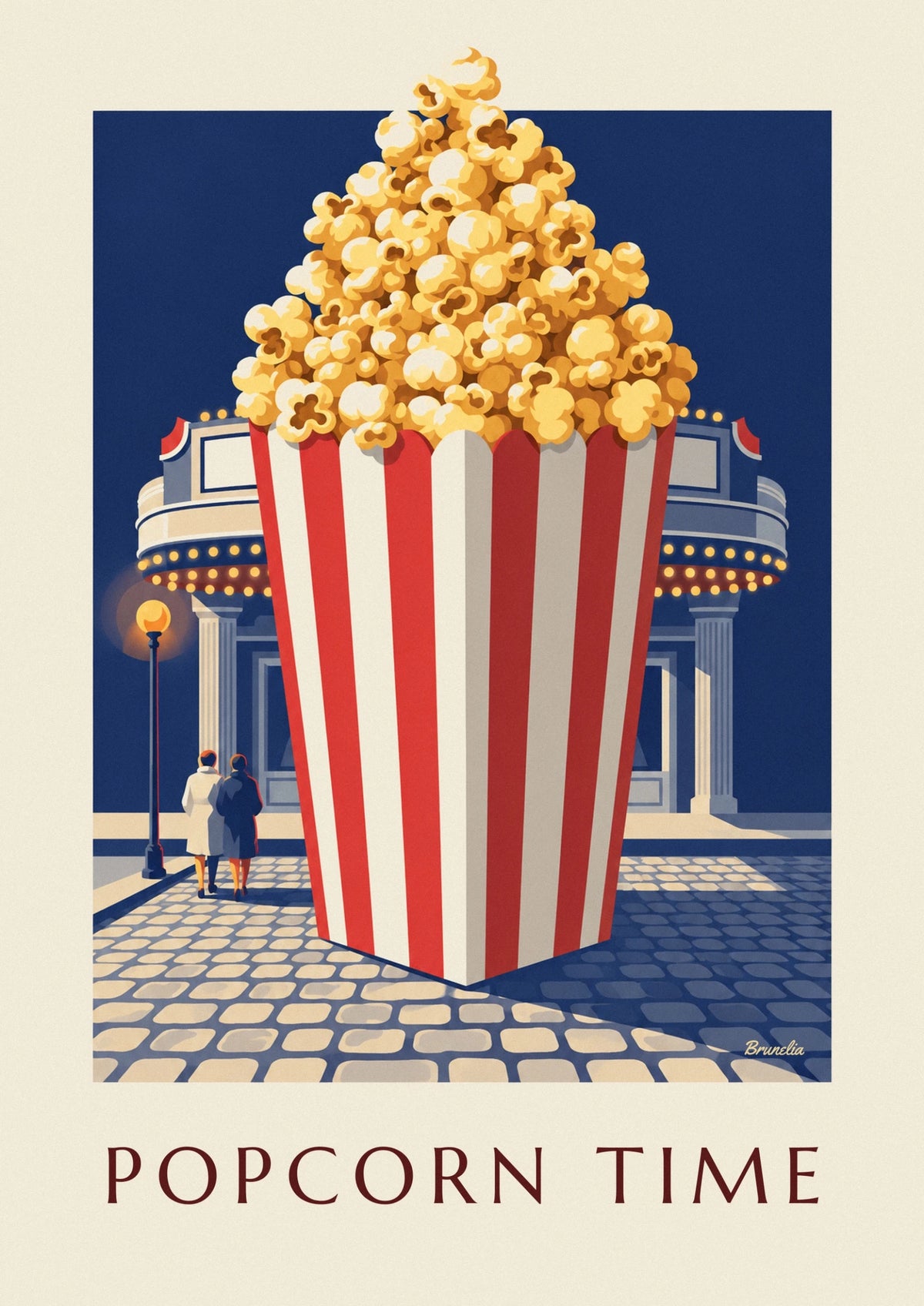 Affiche seau de pop-corn chaud rayé rouge et blanc devant le cinéma