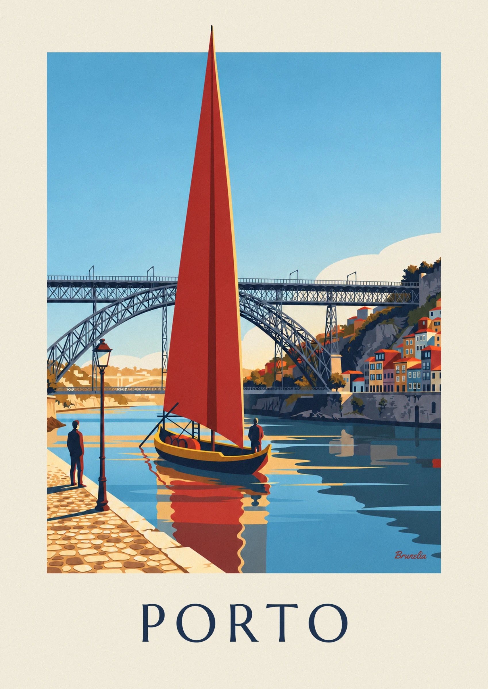 The rabelo boat with its red sail, barrels and standing sailor on the Douro