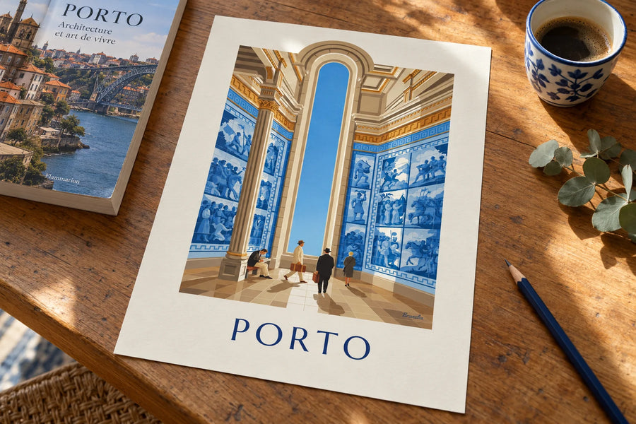 Poster Azulejos im Bahnhof São Bento in Porto: auf einem Tisch aufgestellt