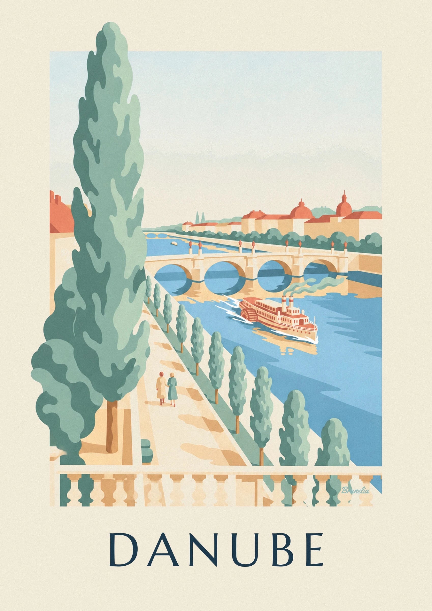 The cream and red paddle steamer on the Danube beneath the bridge arches