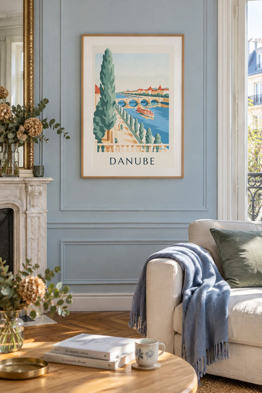 Poster of a walk along the Danube and a paddle steamer: framed on the wall