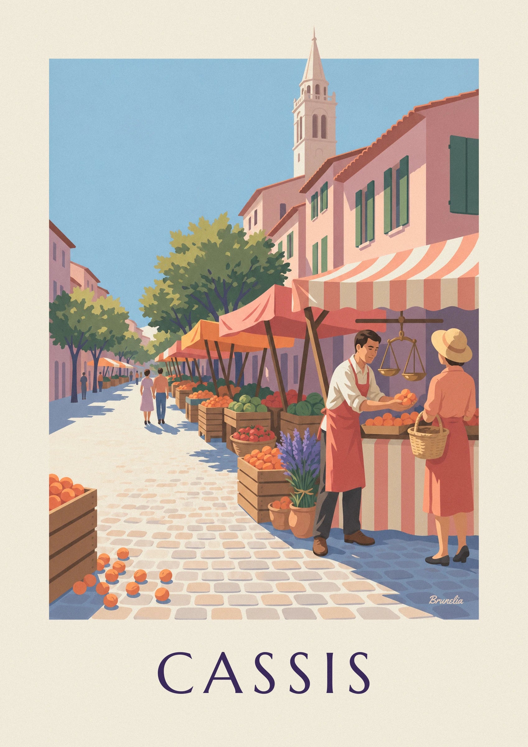The stallholder in a red apron, his apricots and the customer with a woven basket