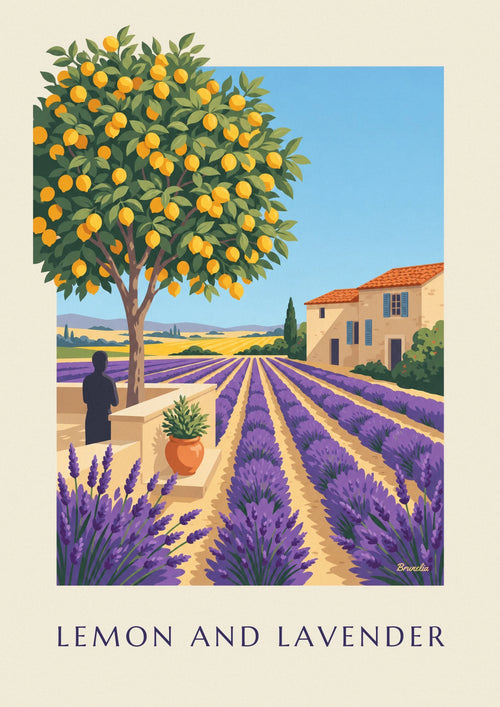 Poster of lavender, a lemon tree and a Provençal house with blue shutters: the full poster