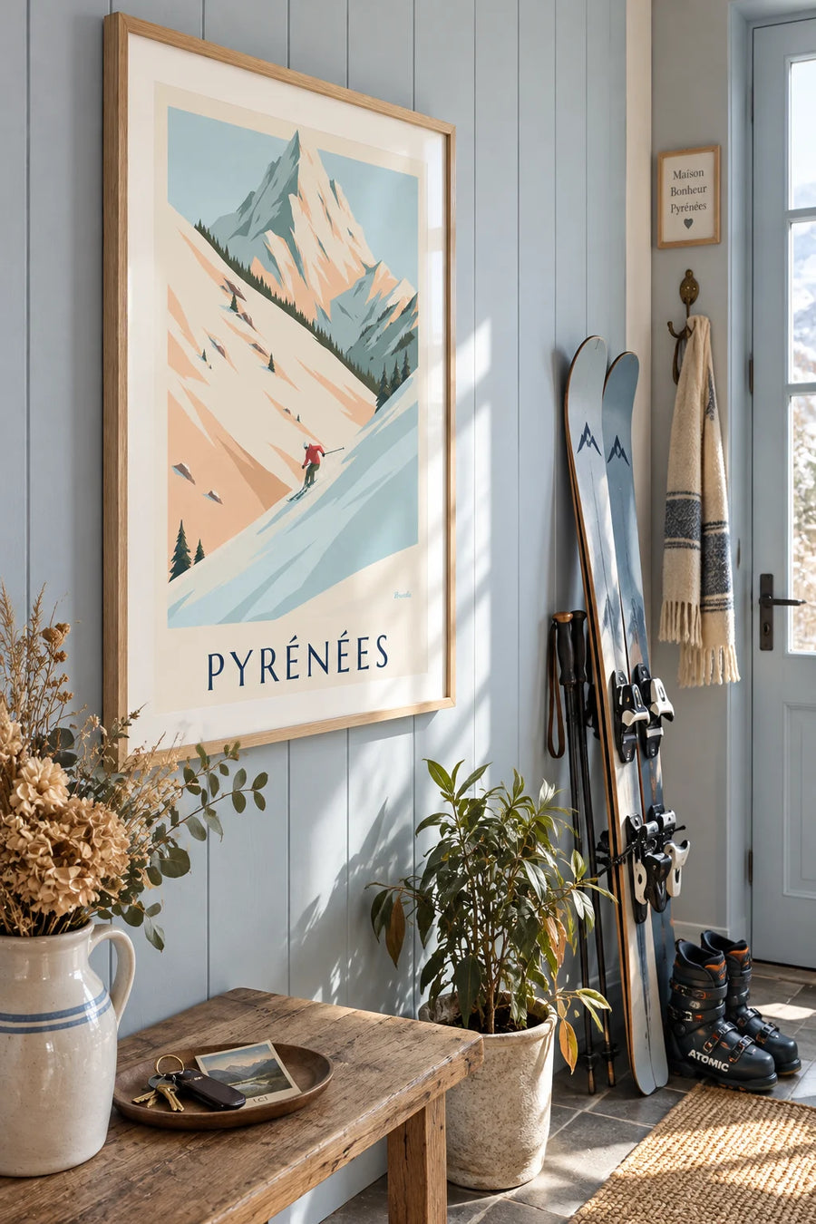 Poster of a skier in powder snow in the Pyrenees: framed on the wall