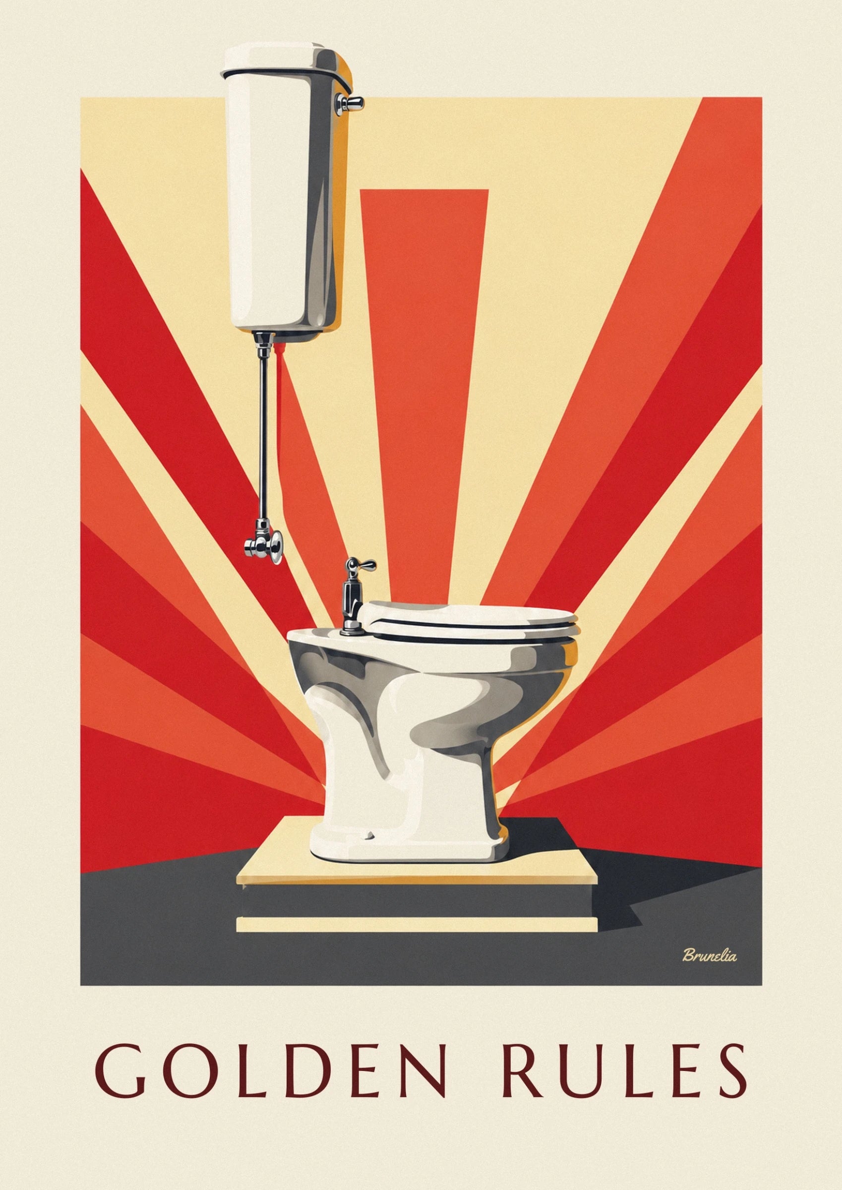 The white toilet bowl with its lid closed and chrome tap against a red sunburst background